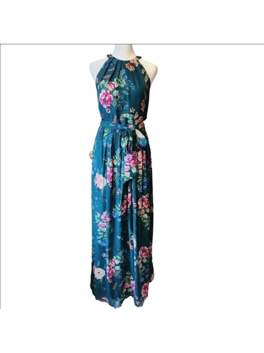 ELIZA J EMERALD GREEN FLOWY FLORAL SLEEVELESS HALTER MAXI DRESS SIZE 8 - Picture 2 of 7